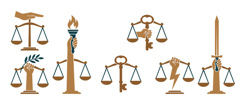 Justice Scales Icons Set with Hands, Sword, Key, Torch, and Olive Branch for Legal, Judicial, Courtroom, and Law Concepts in Flat Vector Illustration Style on White Background for Professional Design