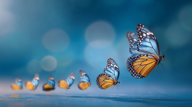 Monarch butterfly evolving from chrysalis to flight over soft blue bokeh background symbolizing business transformation and growth.