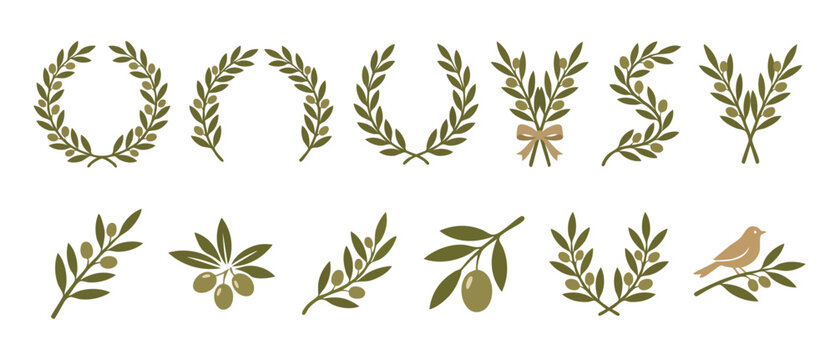 Olive branch wreath collection set with decorative leaves and fruit for wedding invitation design, border frames, heraldic elements, vector illustration isolated on white background, organic style ico