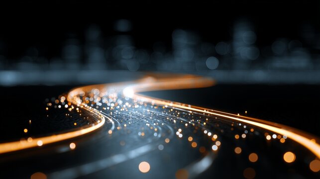 Glowing data stream on road representing workflow optimization and digitization, with light trail, bokeh node and abstract network map showing process efficiency.