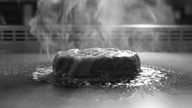 Black and white close up of delicious steak cooking on a hot griddle with steam rising