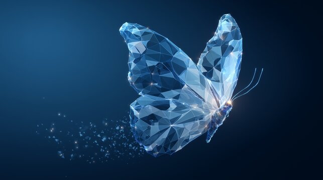 Crystal butterfly made of digital polygonal elements symbolizing digital transformation and change leadership guiding organizational evolution.