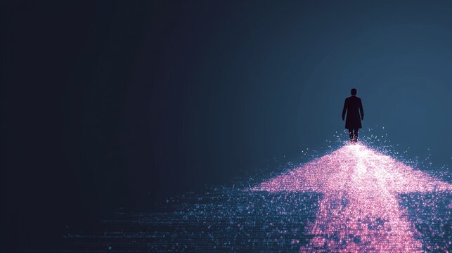 Silhouette of a person walking on a glowing arrow path toward a bright horizon symbolizing business transformation and growth, speed, innovation, and strategic direction.
