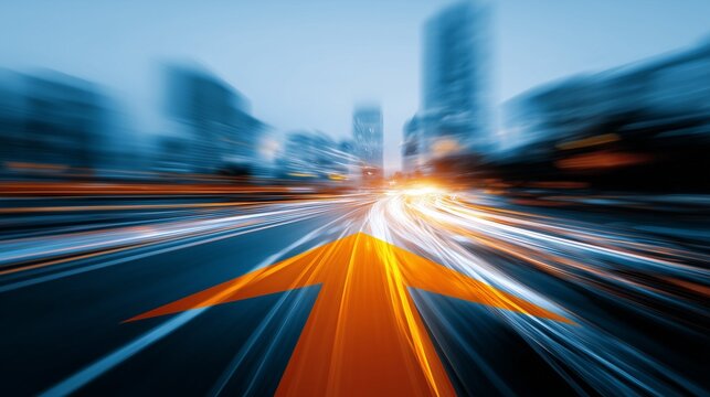 Blurred urban roadway with streaking light trail symbolizing business transformation and growth, speed, innovation, and strategic direction.