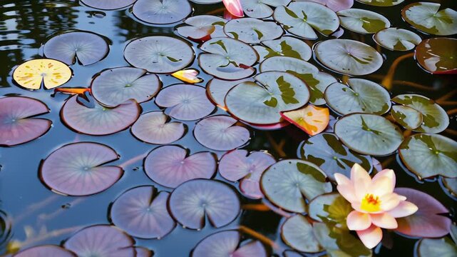 Colorful koi fish swimming among vibrant water lilies in a serene garden pond with reflections