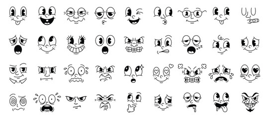 Retro cartoon faces and vintage character expressions with various emotions for mascot illustration set