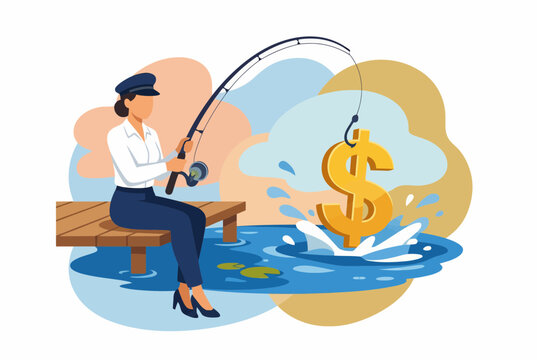 Businesswoman fishing for a golden dollar sign from a wooden pier
