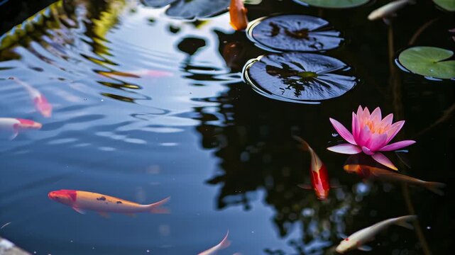 Colorful koi fish swimming near pink water lily and green lily pads on calm pond water surface