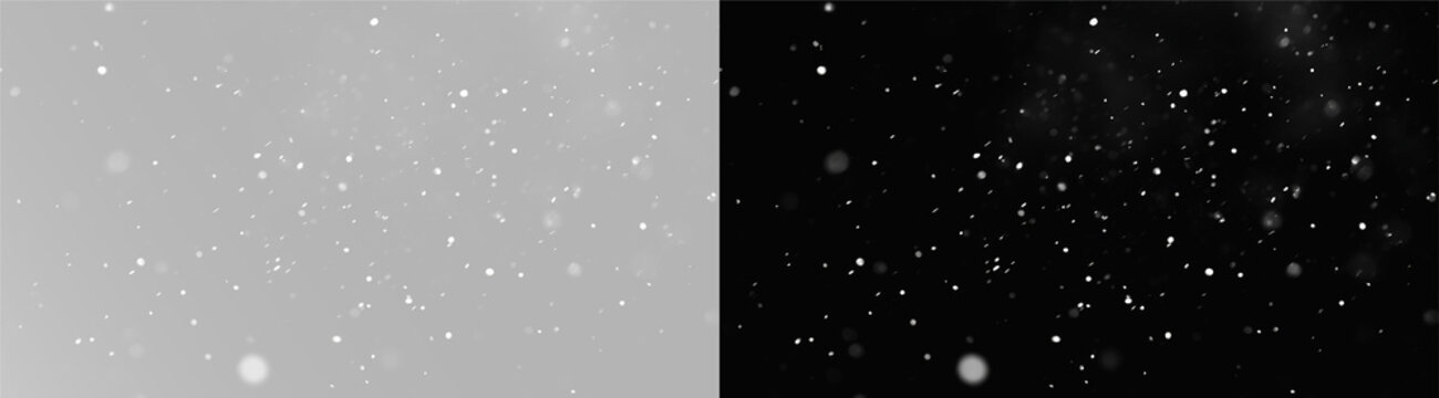 Falling snow flakes and abstract white snowfall particles overlay. Overlay for realistic winter atmosphere. PNG winter snow effect.