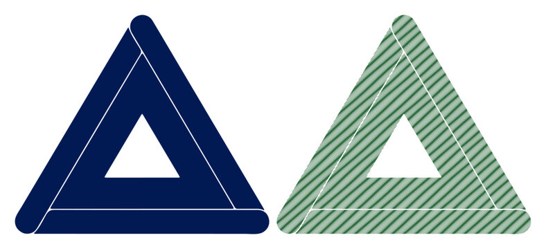 Impossible triangle Penrose illusion set in navy blue and striped green, minimalist geometric optical illusion shapes for modern branding, abstract mathematical paradox icons with patterns.