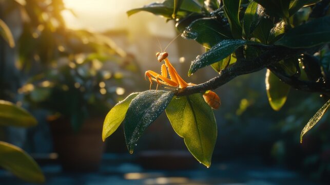 Orange mantis on dewy leaves, sunlit garden