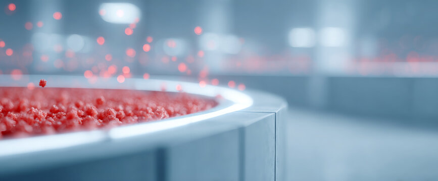 Modern conveyor belt with red objects