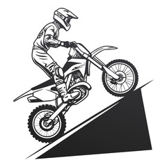 Naklejka premium Green motocross rider jumping on a dirt bike on a ramp