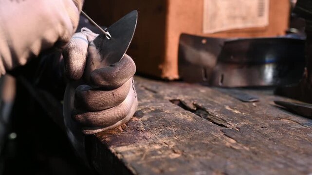 A worker uses a file to remove metal shavings from the edge of a hole in a product. Handmade.