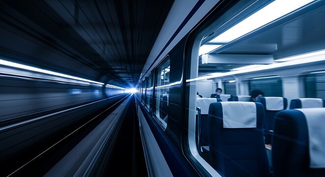 Sleek silver bullet train speeds through dark tunnel