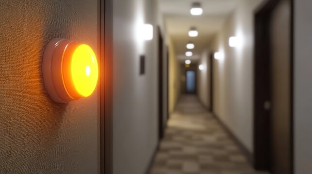 Lighted button on wall of a hallway