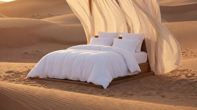 luxury white bed premium bedding desert bedroom linen comfort serene dunes with flowing canopy and warm sand creating wellness retreat mood for resort hospitality decor and relaxation marketing