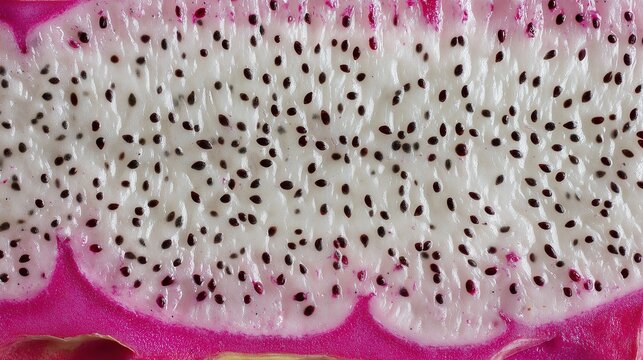 Extreme macro cross-section of white-fleshed dragon fruit (pitaya) showcasing vibrant pink rind, snowy white pulp, and scattered tiny black seeds in a detailed texture shot.