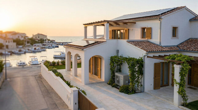 Mediterranean house solar panels on white villa at sunset overlooking seaside marina and harbour representing sustainable luxury living