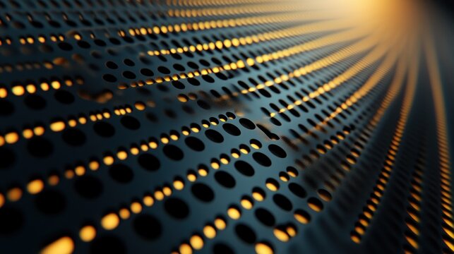 Abstract metal panel with glowing circular perforations