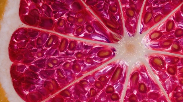 Stunning backlit macro photography of a ruby red grapefruit slice, revealing glowing translucent juice vesicles and intricate radial anatomy, perfect for health and wellness themes.