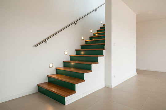 Modern wooden staircase with vibrant green risers, minimalist interior minimalist contemporary