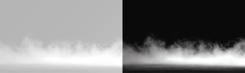 Realistic white smoke or fog on grey and black background, atmospheric low mist ground effect © Maxim