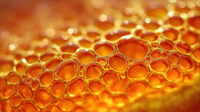 Extreme macro photography of glowing orange juice vesicles, revealing intricate cellular patterns and translucent amber textures under warm cinematic light.