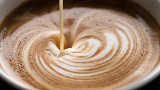 Latte art being created barista pouring milk into coffee with foam