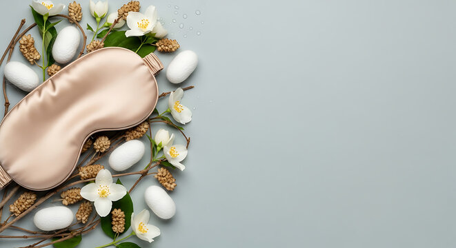 Silk Sleep Eye Mask with Jasmine Flowers and Silkworm Cocoons on Gray Background