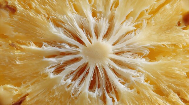 Extreme macro photography of a pineapple central core cross-section, revealing intricate radial fibrous patterns and translucent golden-yellow textures illustrating natural organic structures.