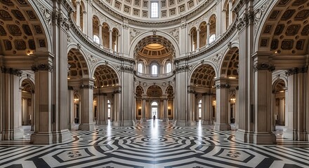 Obraz premium Symmetrical interior of a grand neoclassical rotunda with intricate marble flooring and towering columns