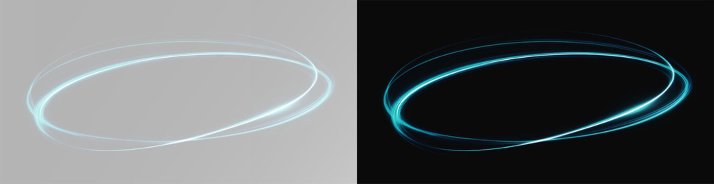 Abstract light blue glowing rings set, futuristic elliptical motion trails on black and grey backgrounds
