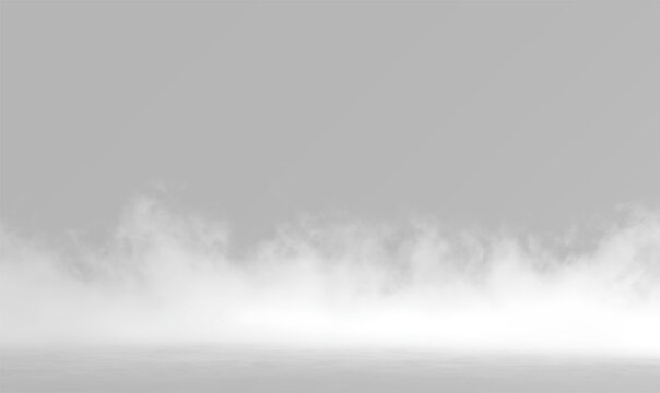 Realistic white smoke or fog on grey background, atmospheric low mist ground effect