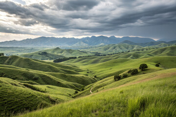 Obraz premium Rolling green hills, distant mountains, and winding road under cloudy sky rolling hills