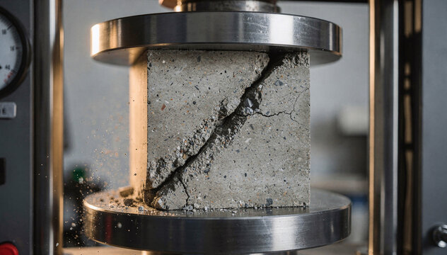 Concrete Cube Under Compression Test Revealing Diagonal Fracture in a Controlled Laboratory Setting for Material Strength Analysis and Quality Control