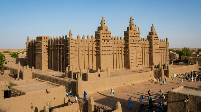 Great Mosque of Djenne, Mud-brick architecture, Malian desert setting, blue sky, cinematic documentary style