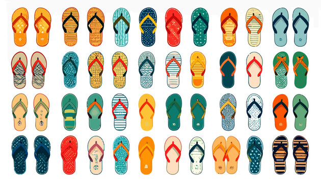 Collection of colorful flip flops.