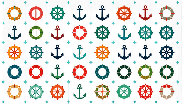 Colorful anchors and ship wheels.