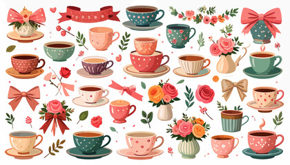 Fototapeta premium Colorful Teacups with Floral Decorations.