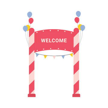 Circus entry arch with balloons. Amusement park entry gate, carnival show cartoon vector illustration