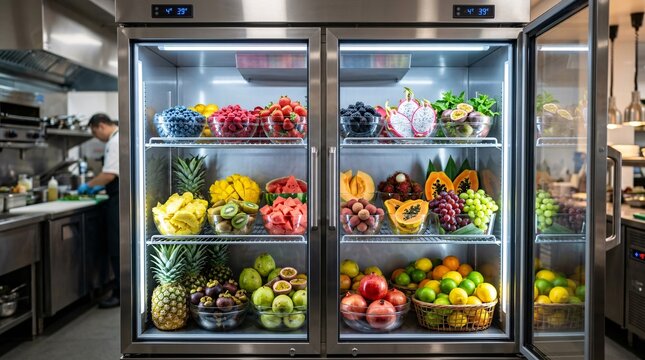 Beautifully arranged colorful fresh tropical fruits and berries sit inside a stainless steel commercial kitchen fridge with glass doors.