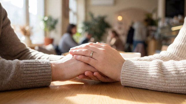 friends holding hands emotional support care comfort compassion empathy trust close conversation at table showing reassurance solidarity mental wellness help and calm companionship during hardship