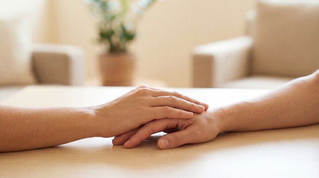 therapist supportive hand care comfort compassion empathy trust counseling gesture on sofa showing reassurance emotional help and calm human connection for mental wellness and healing concepts