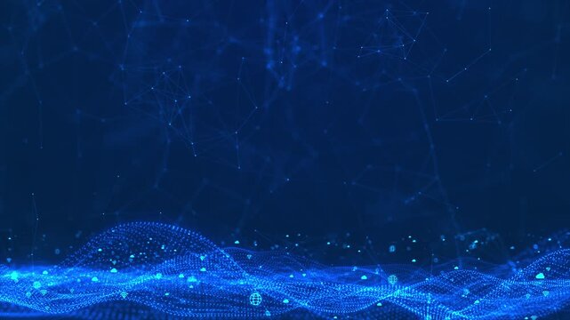 Digital world waves connection Connecting points lines. Polygonal geometric shapes abstract background. Copy space. Virtual planet Earth space metaverse. Data network technology social network wave 3D