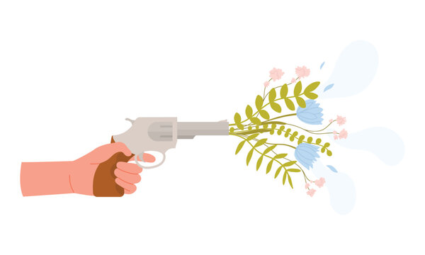 Revolver shooting flowers. Weapon shoots flowers, spreading love and peace cartoon vector illustration