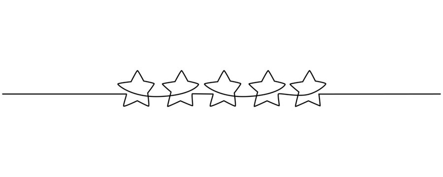 One continuous line drawing of five stars.Rating linear symbols for critic feedback service, rating survey, mobile app. Doodle vector illustration eps 10