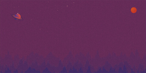 Abstract minimalist space landscape with a sun, a ringed planet, and mountain silhouette on a textured dark purple starry background. Modern clean vector design © kamal