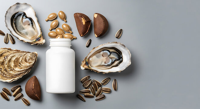Zinc Supplement Bottle with Oysters, Brazil Nuts and Sunflower Seeds on Gray Background