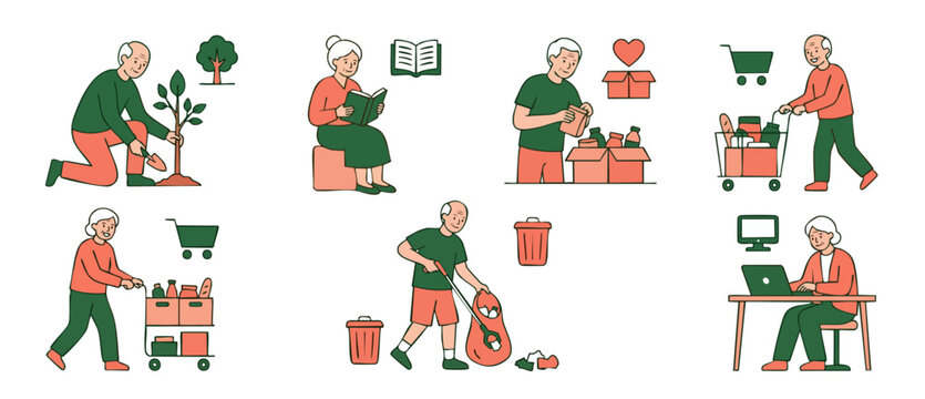 Senior people lifestyle icons, active elderly daily routine activities, healthy retirement habits, flat vector illustration set featuring gardening, reading, shopping, volunteering and digital technol